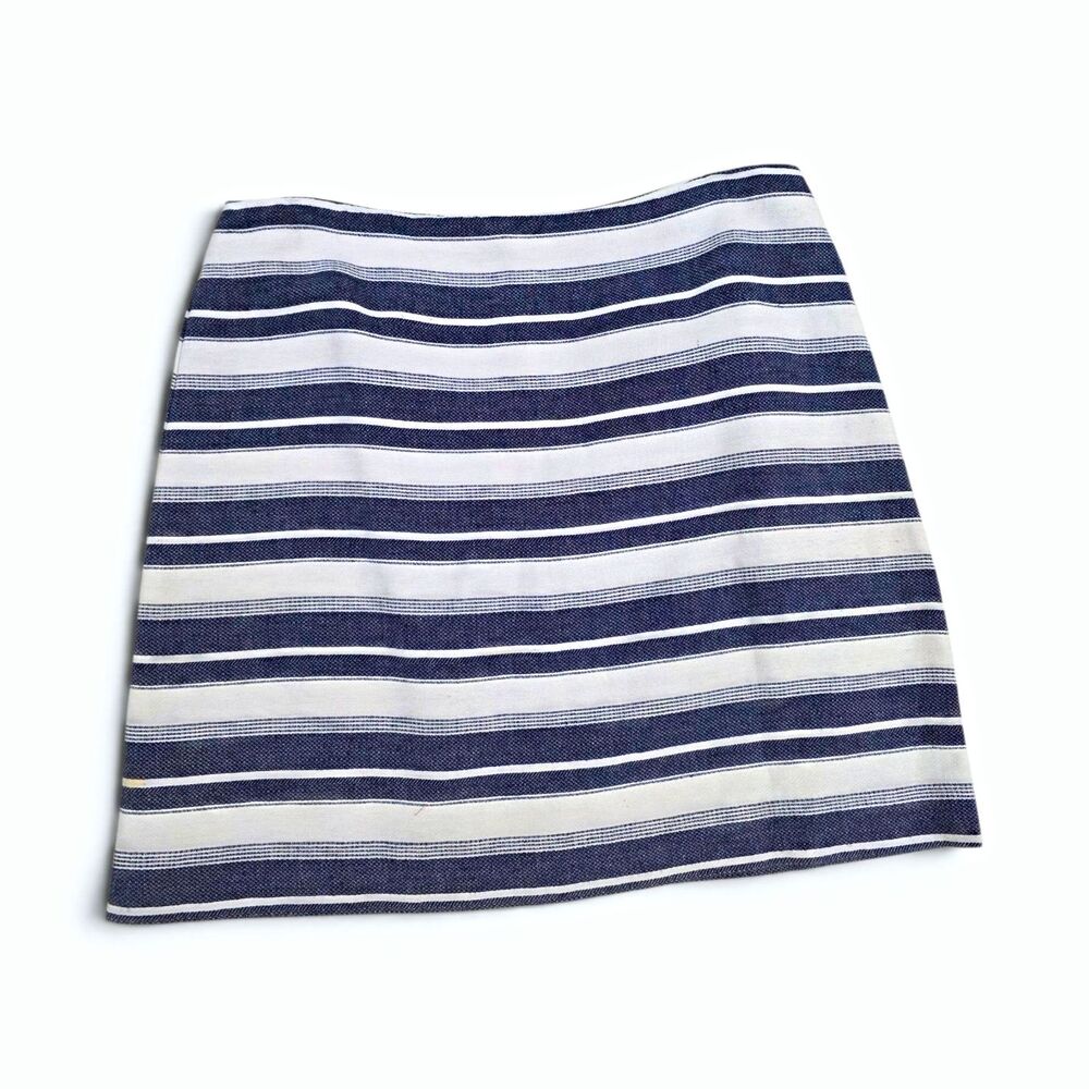 LOFT Navy White Striped Linen Cotton Straight Pencil Short Skirt Zip Lined 6